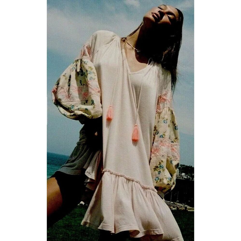 Free People MIX IT UP Size S Pink Floral Beaded Tunic‎ Top / Mini Dress